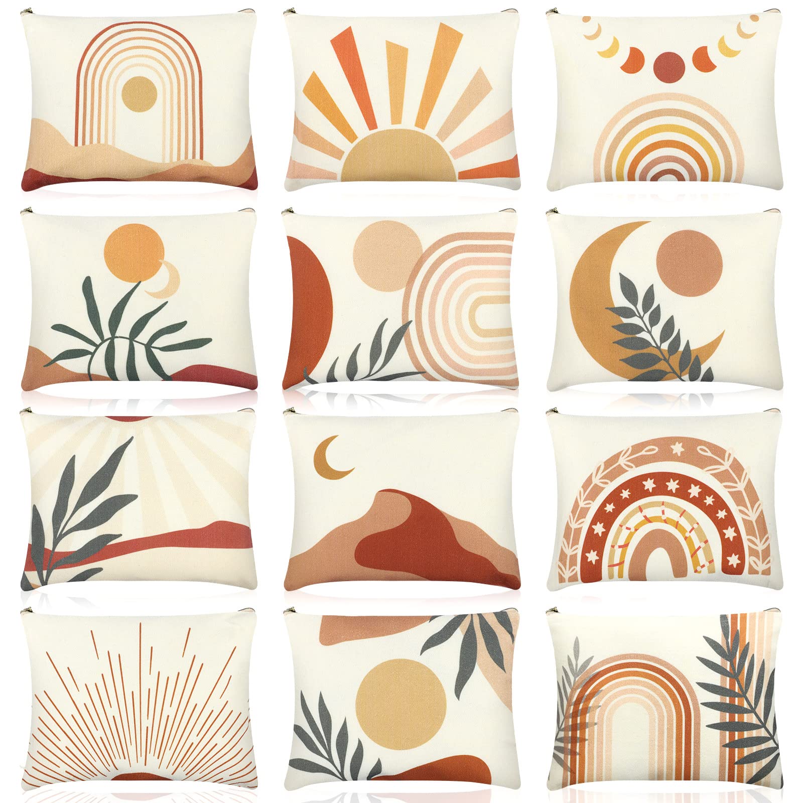 Kajaia 12 Pcs Boho Makeup Bags Bulk Rainbow Sunshine Moonlight Cosmetic Bag Canvas Cute Large Zipper Pouches for Purse Preppy Makeup Organizer Travel