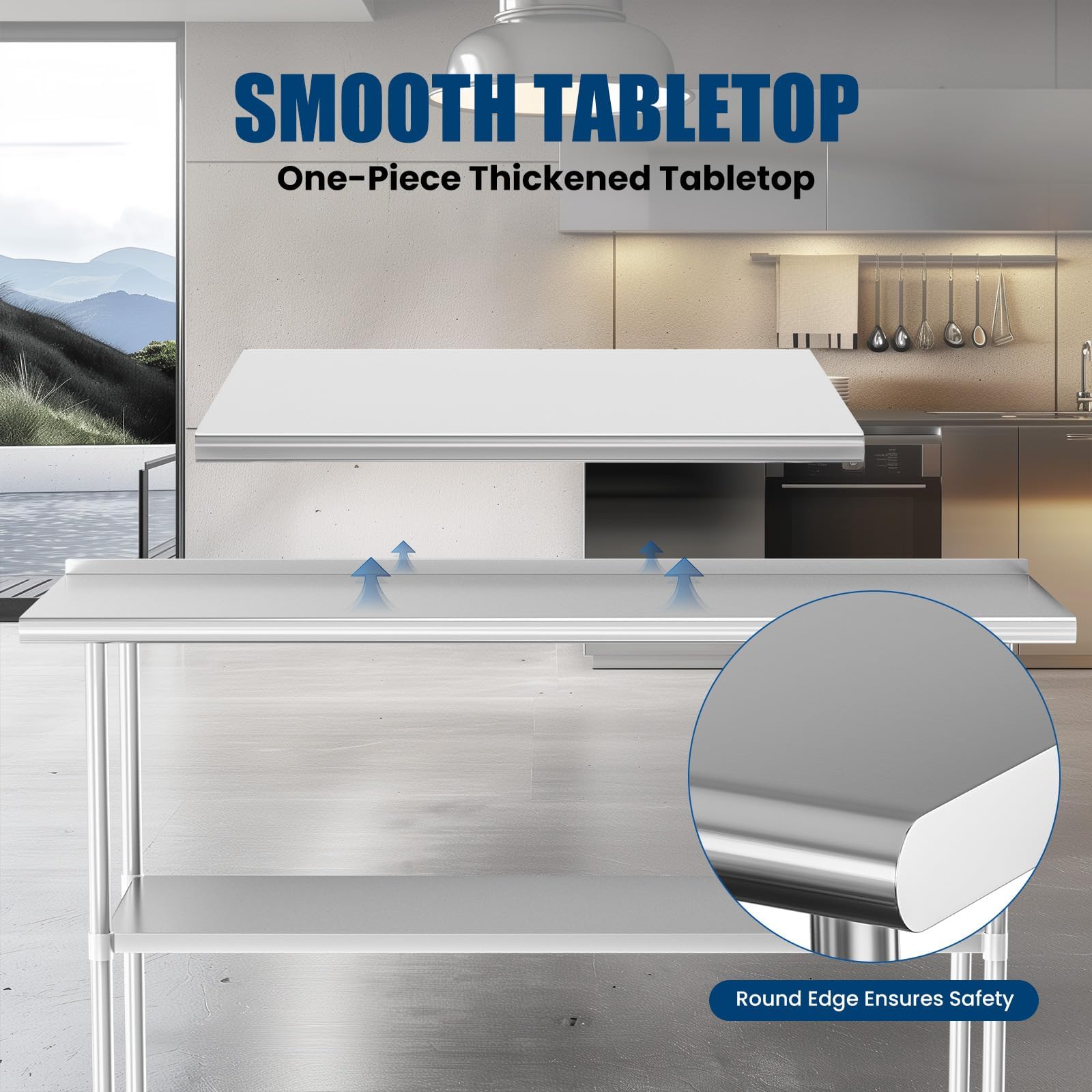 Mesa de acero inoxidable con ruedas de 30 x 60 pulgadas, mesa de metal para preparación de alimentos con protector contra salpicaduras y estante inferior ajustable, mesa de utilidad para