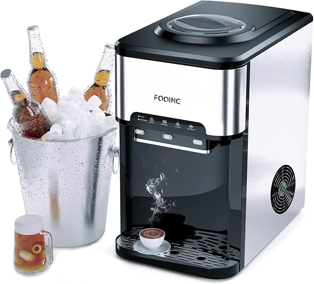 Ice Maker Machine FOOING 3 in 1 Portable Ice Maker with Cold/Hot Water Dispenser, 12 Cubes in 7 Mins Stainless Steel Nugget Ice Cube Makers, 44Lbs in 24H Ice Machine for Home/Office/Bar