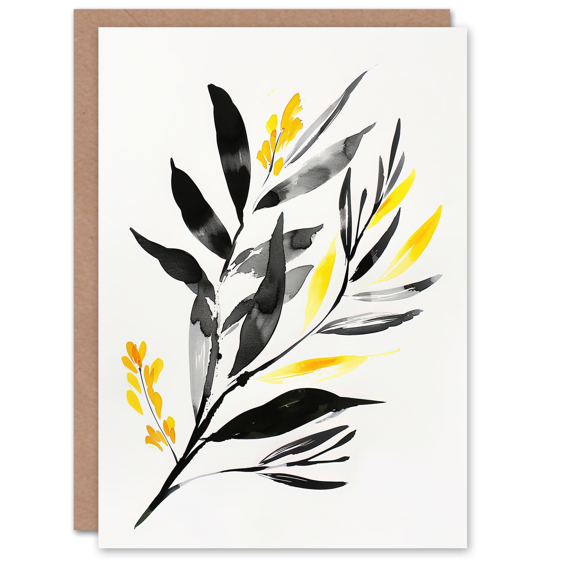 Artery8 Greeting Card Abstract Plant Lover Frond Black Yellow Botanical Blank For Him Or Her Art Birthday Card