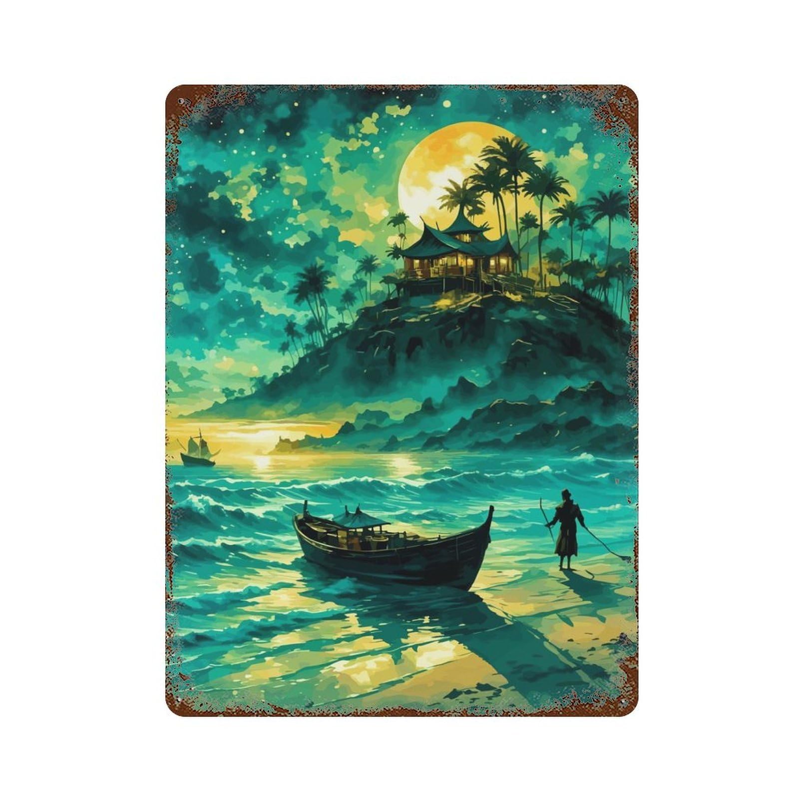 Vintage Rust Metal Sign Fishing by Moonlight 15.7"x11.8", Decorative Metal Wall Art for Basement, Hobby Room And Garage Decor