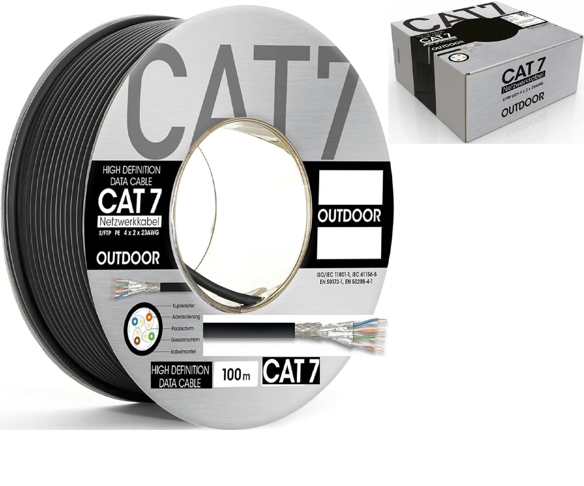 100m Outdoor Cat 7 Kupfer Verlegekabel, Erdkabel Netzwerk LAN Kabel 1000MHz | UV-beständig, Ethernet, S/FTP AWG23/1, Bis zu 10 Gbit/s, Für Außen,Schwarz,wasserresistent,Datenkabel,Installationskabel