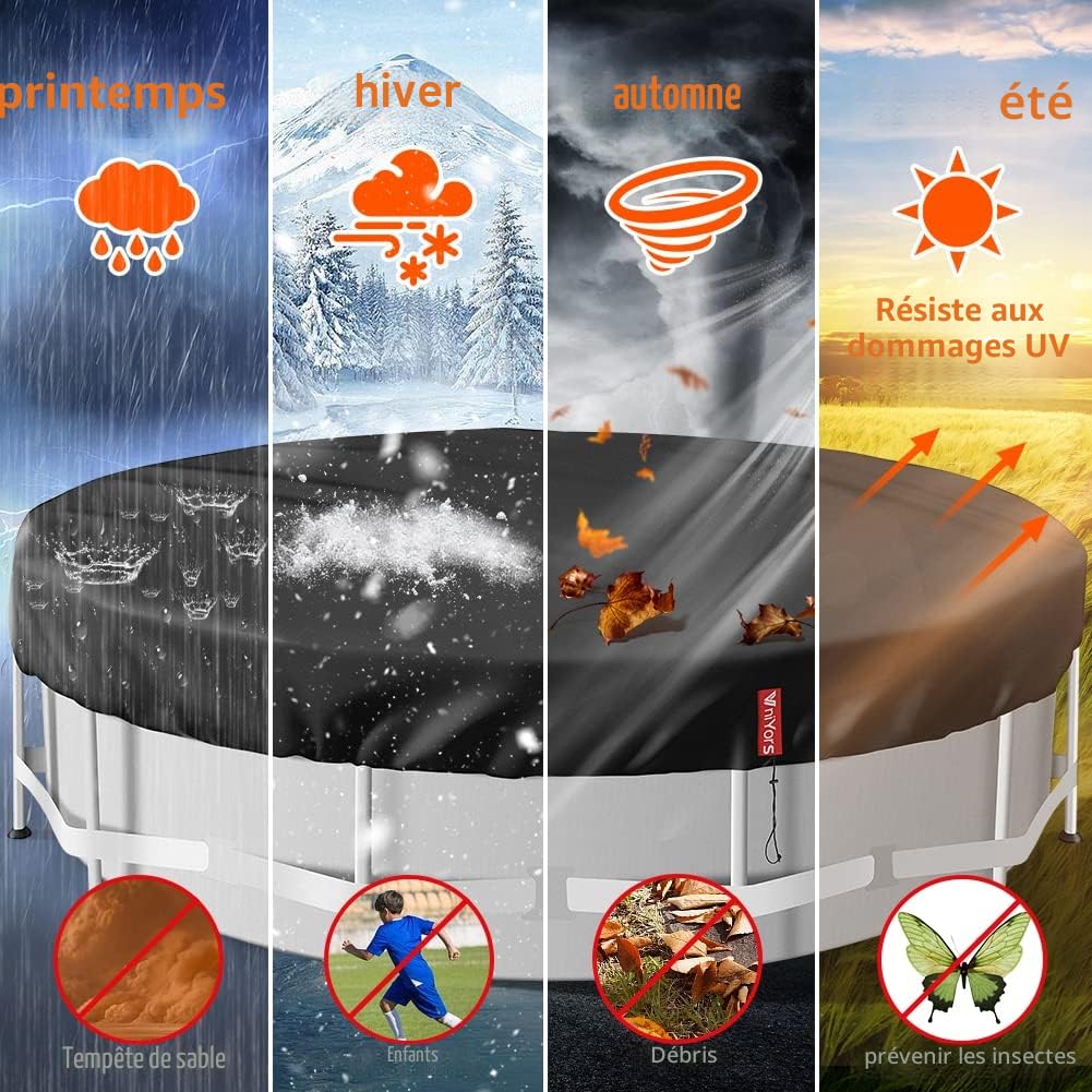 Bache Hivernage Piscine Hors Sol 366, PU 420D éPais Bache Piscine Hivernage, Coupe-Vent et RéSistant aux DéChirures BâChe Hivernage Piscine Hors Sol avec Corde de Traction et Clous de Sol