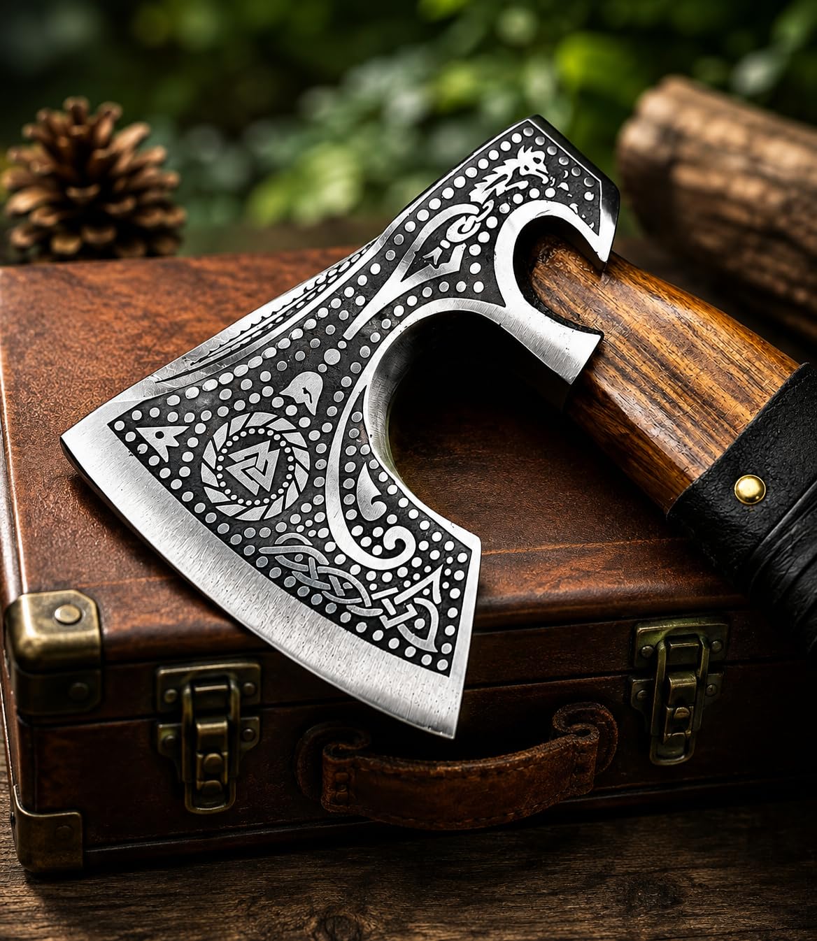 Wikinger Axt Valknut Gravur Handgeschmiedet + Lederscheide