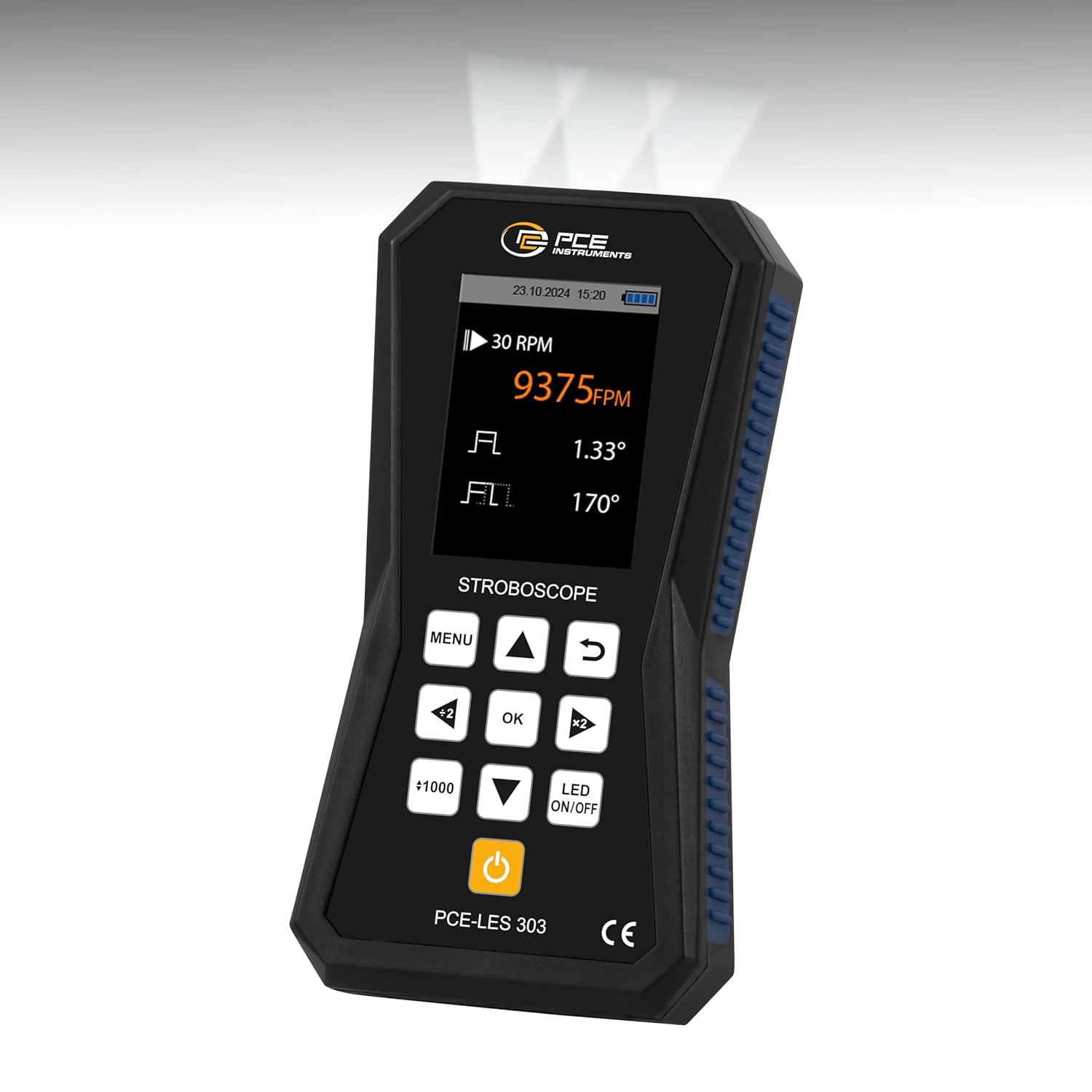 PCE Instruments PCE-LES 303 Handheld LED Stroboscope for Rotational Speed Inspection, Measures Flash Frequency in Hz/FPM, Features Phase Shift, Digital Display, and External Trigger Input