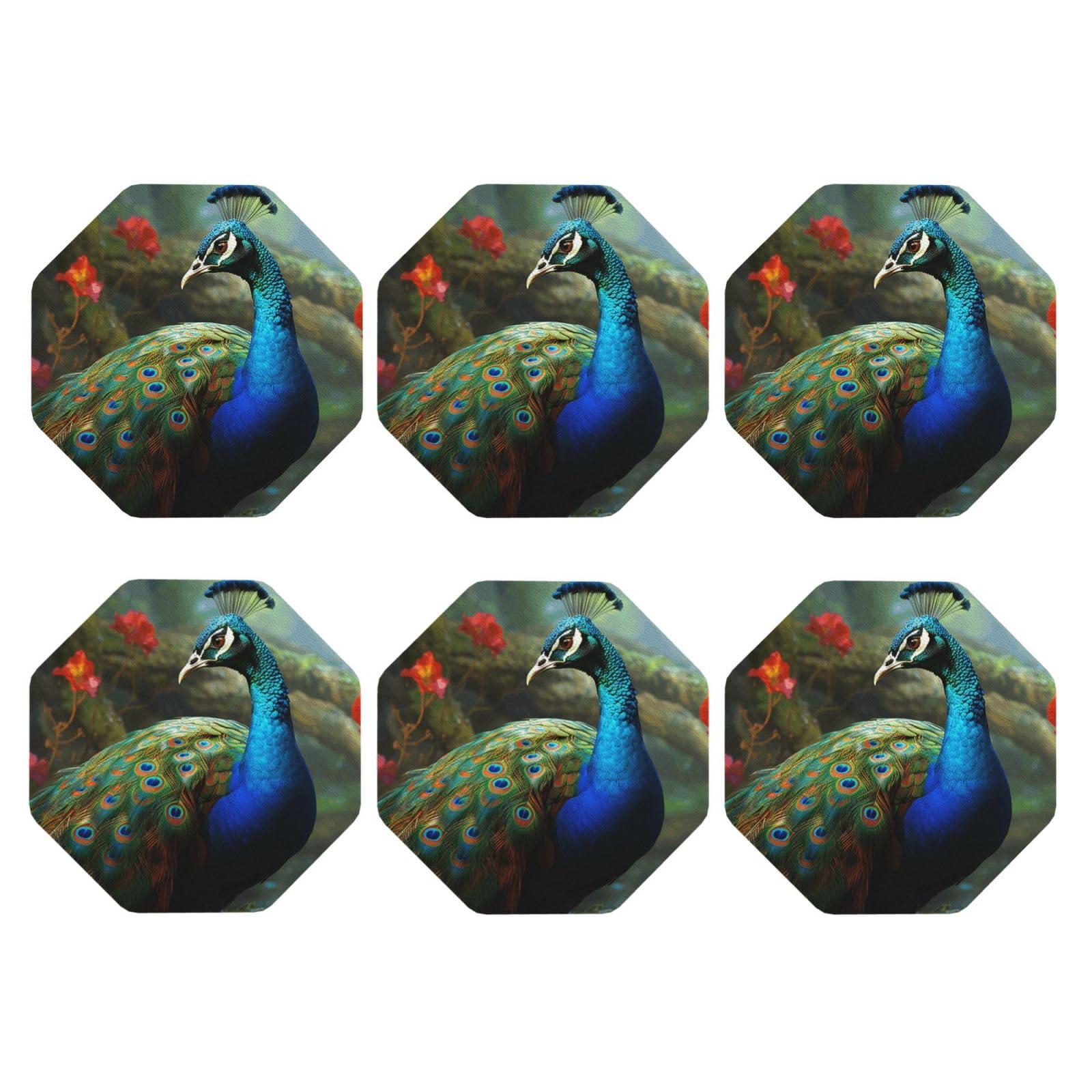 6pcs Leather Coasters for Drinks, Colorful Peacock Drink Coasters for Tabletop Protection, 4" Cup Coasters for Coffee Table Decor, Non-Slip Drinking Cup Mat for Hot Or Cold Drink
