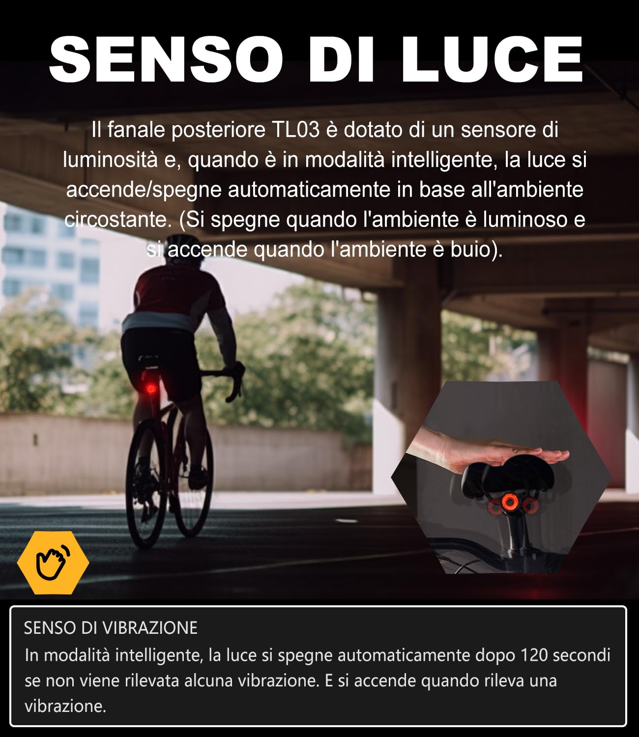 TOWILD TL03 Fanale Posteriore per Bici da Freno,Lampada Posteriore per Bicicletta Intelligente,Fino a 36 Ore di Illuminazione IPX6 5 Modalità Luce Posteriori Da Bicicletta Ricaricabile USB-C