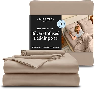 Miracle Made Breathable Cotton Bed Sheets, 4-Piece Set Silver-Treated, Soft and Cool-to-the-Touch Lightweight Bedding Designed for Hot Sleepers King Size, Sand