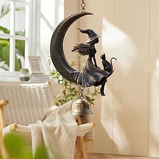 Halloween Witch Decor, 7 in Witch & Black Cat Moon Wind Chime, Witch On The Moon Bells for Door Decorative, Gothic Vintage Resin Halloween Hanging Decorations for Front Doors, Porch, Office (Black)