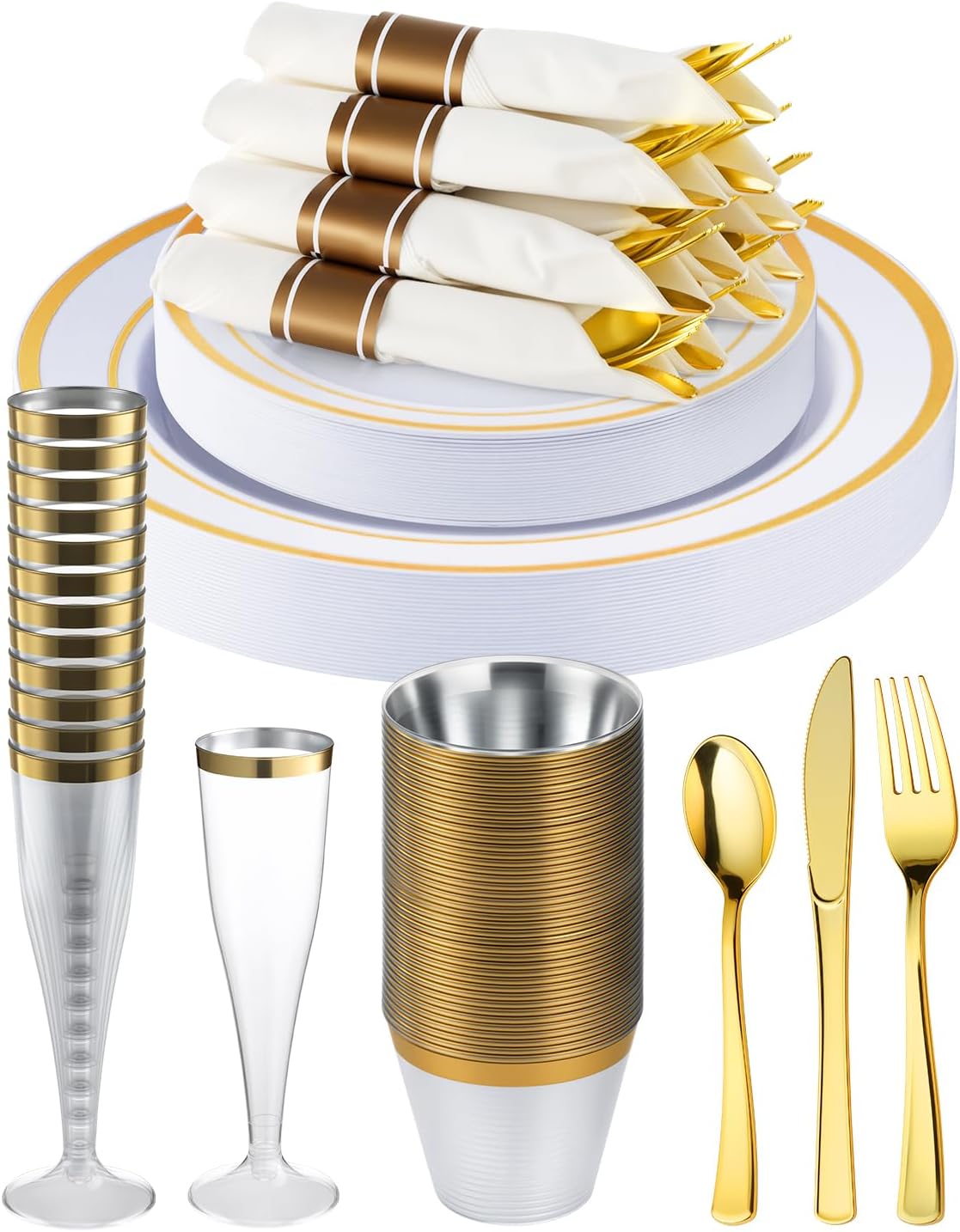 Goodluck 200PCS Gold Disposable Plastic Dinnerware Set for 25 Guests, Include 25 Dinner Plates, 25 Dessert Plates, 25 Napkins with Silverware, 25 Cups, 25 Champagne Glasses, for Christmas, Wedding