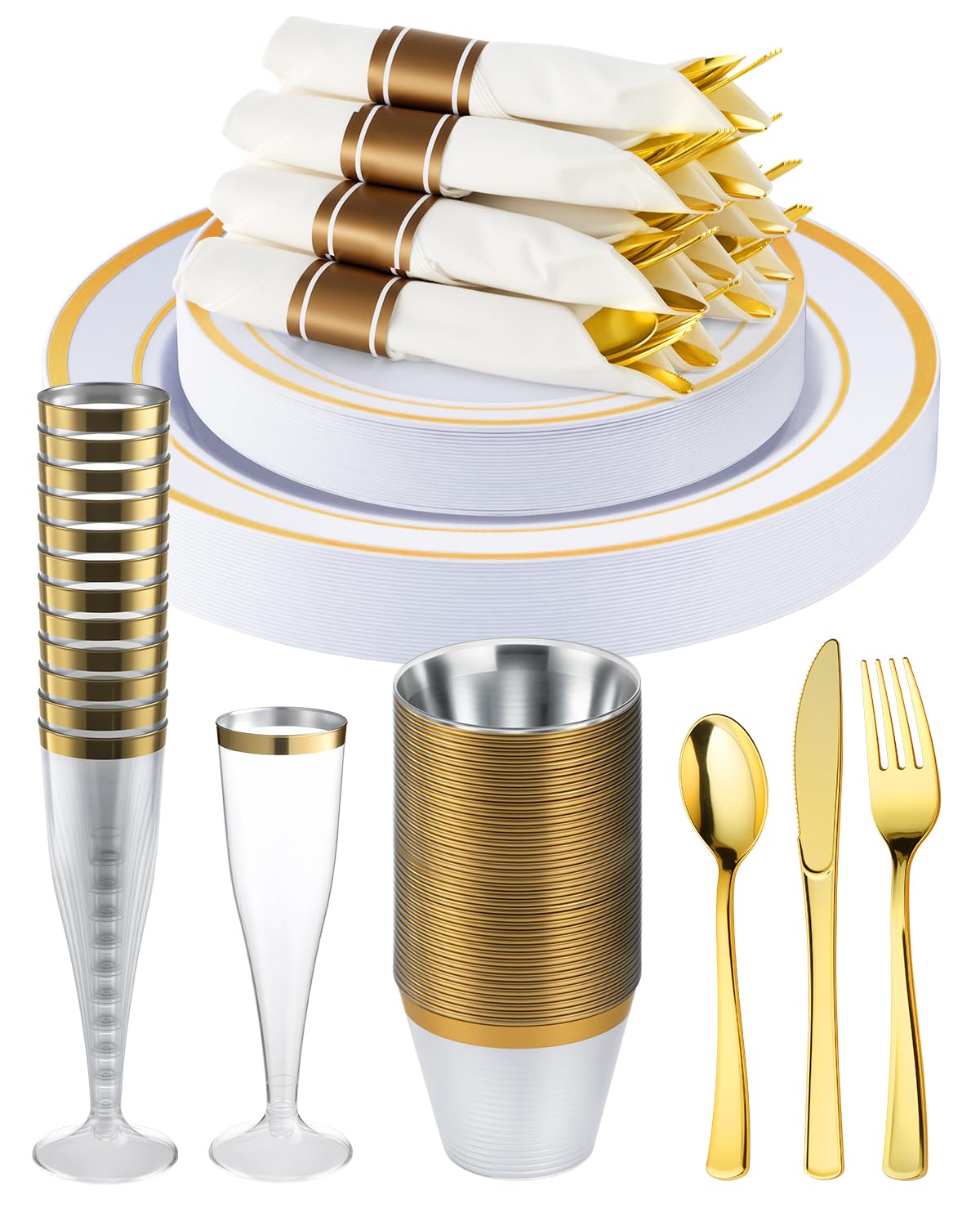Gold Disposable Plates Set - 320 PCS for 40 Guests -10 Gold Disposable Plates Set - 320 PCS for 40 Guests -10