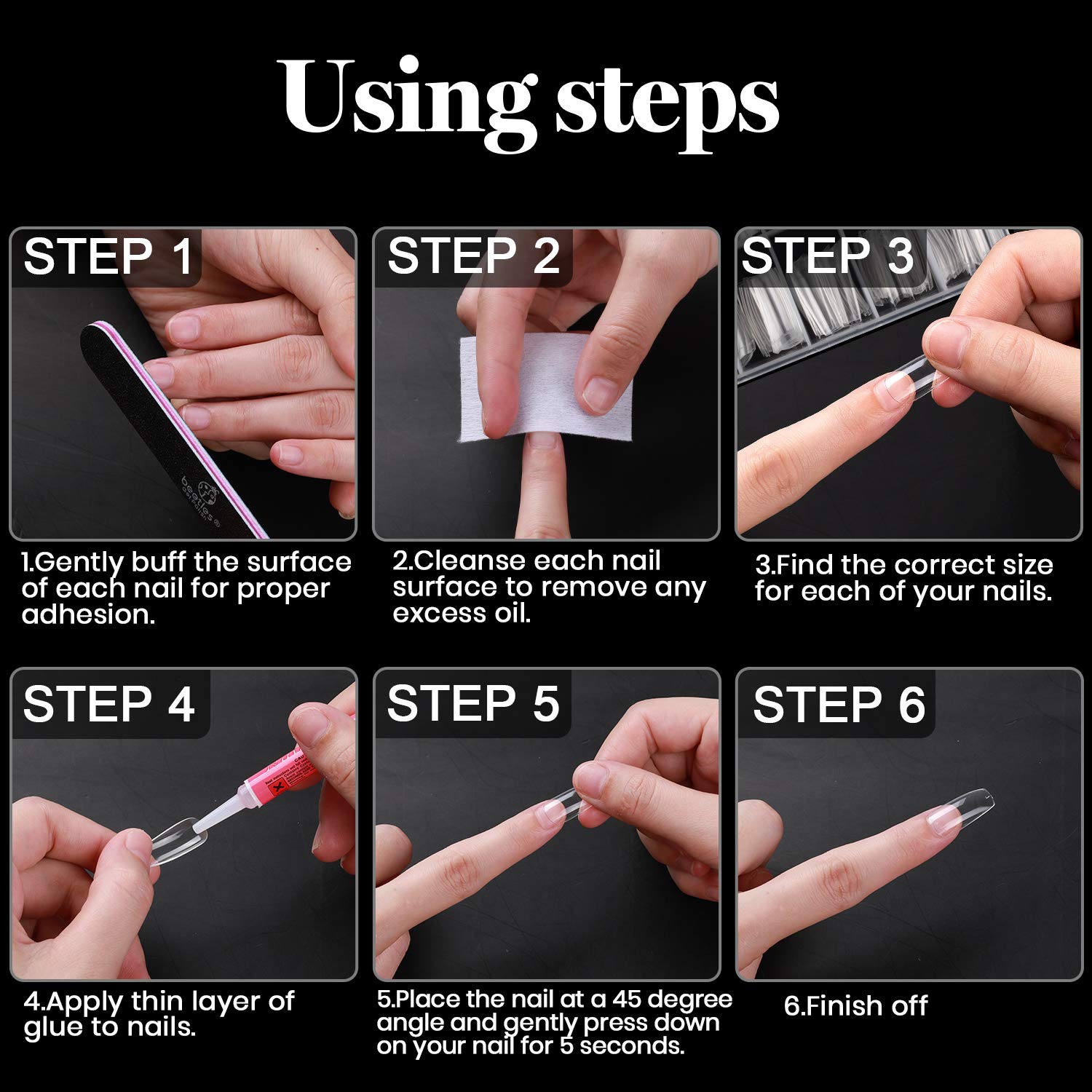 Beetles Long Coffin Fake Nail Tips - Acrylic Clear Artificial False Nails with Case for Acrylic Nail/Dip Powder Nail/Poly Extension Gel Nail, DIY Nail Art Home