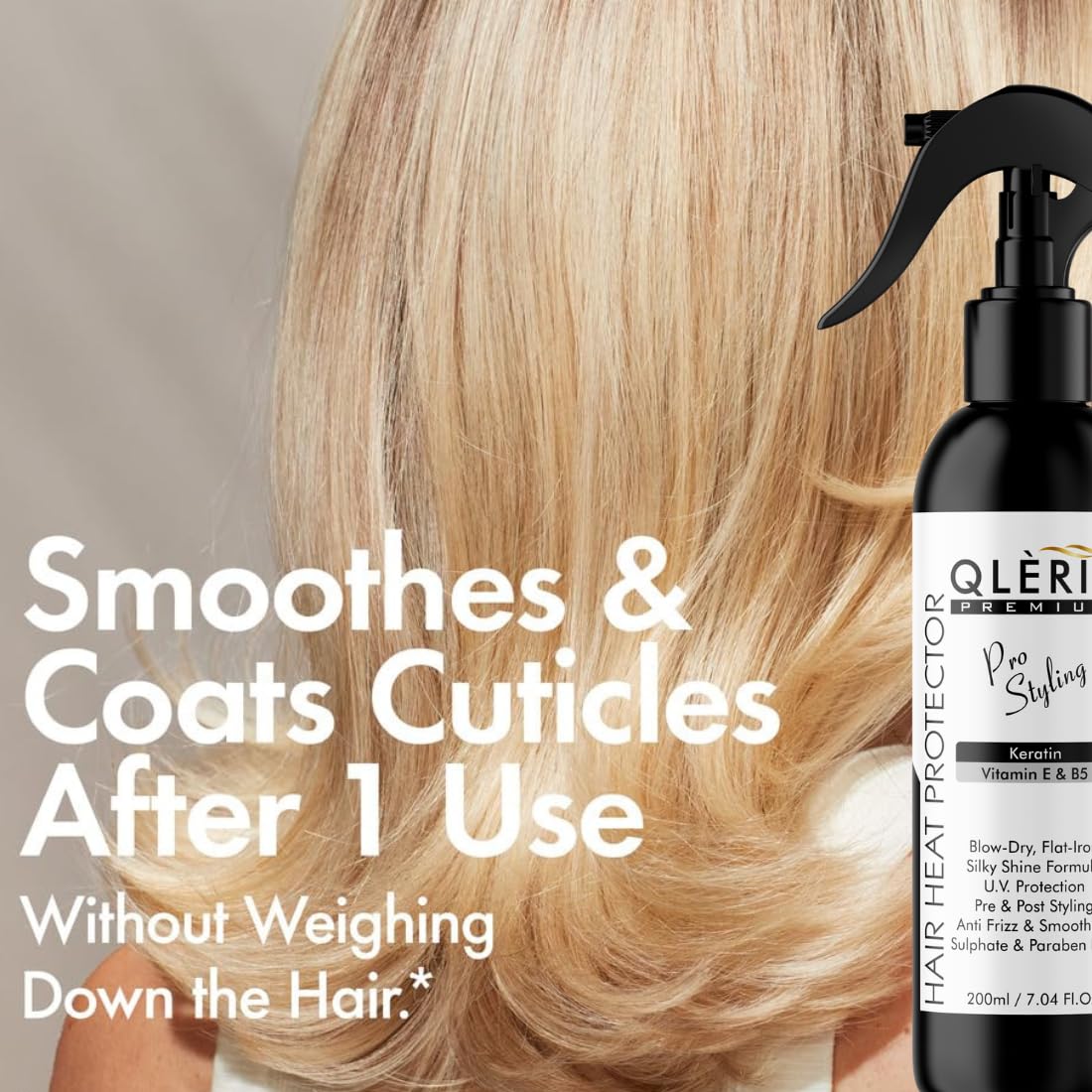 QLÈRIX Premium Heat Protection Spray for Hair Styling | Keratin & Vitamin E B5 Hair Heat Protector Spray for Blow Dry, Straightening & Anti Frizz Protection | Silky Smooth Finish | 200ml 4