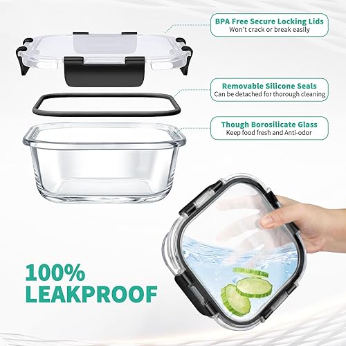 Miniatura 3 de 34 recipientes de vidrio para almacenamiento de alimentos con tapas, recipientes herméticos de vidrio para preparación de comidas (17 recipientes y