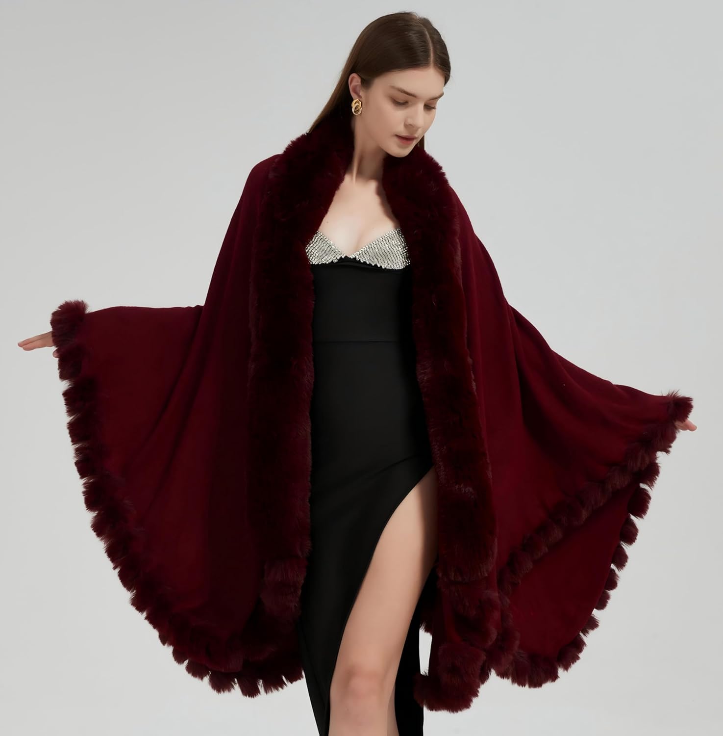 Faux Fox Fur Trim Cardigan Cloak Shawl Wraps Winter Poncho Oversized Cape - Image 2