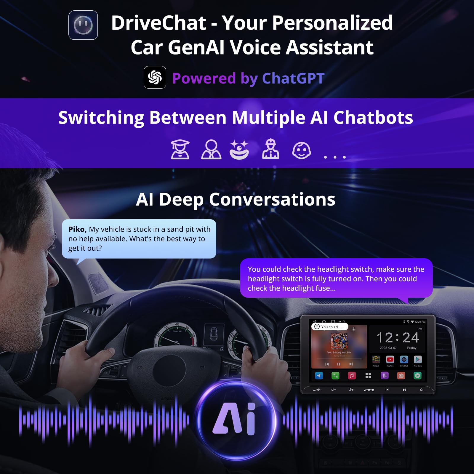 ATOTO A5L Autoradio 2 Din Android 2G+32G, 10 pollici Touchscreen GPS per auto, Tethering di WiFi/BT/USB, CarPlay Wireless e Android Auto Senza fili, Telecamera di backup,MirrorLink, DSP, FM/RDS/TF