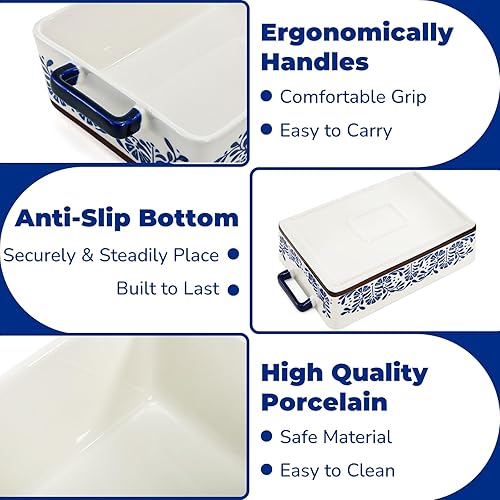 Miniatura 3 de SOUJOY Juego de 3 Fuentes Rectangulares de Cerámica para Horno, Diseño Floral Pintado a Mano Antiadherente y Apilable Fuente para Cazuela con Asas