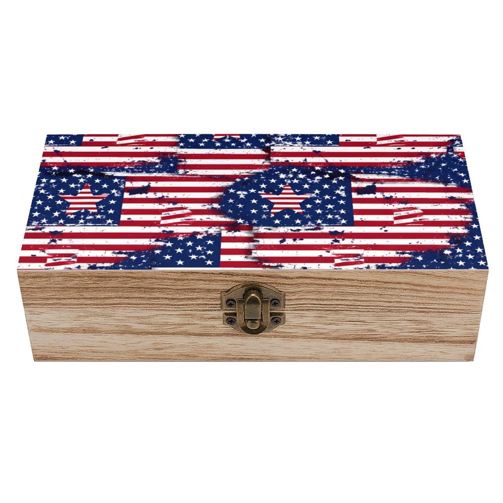 SMAZDFXX American Flag Print Stars Wooden Storage Box With Hinged Lid Decorative Front Clasp Keepsake Boxes