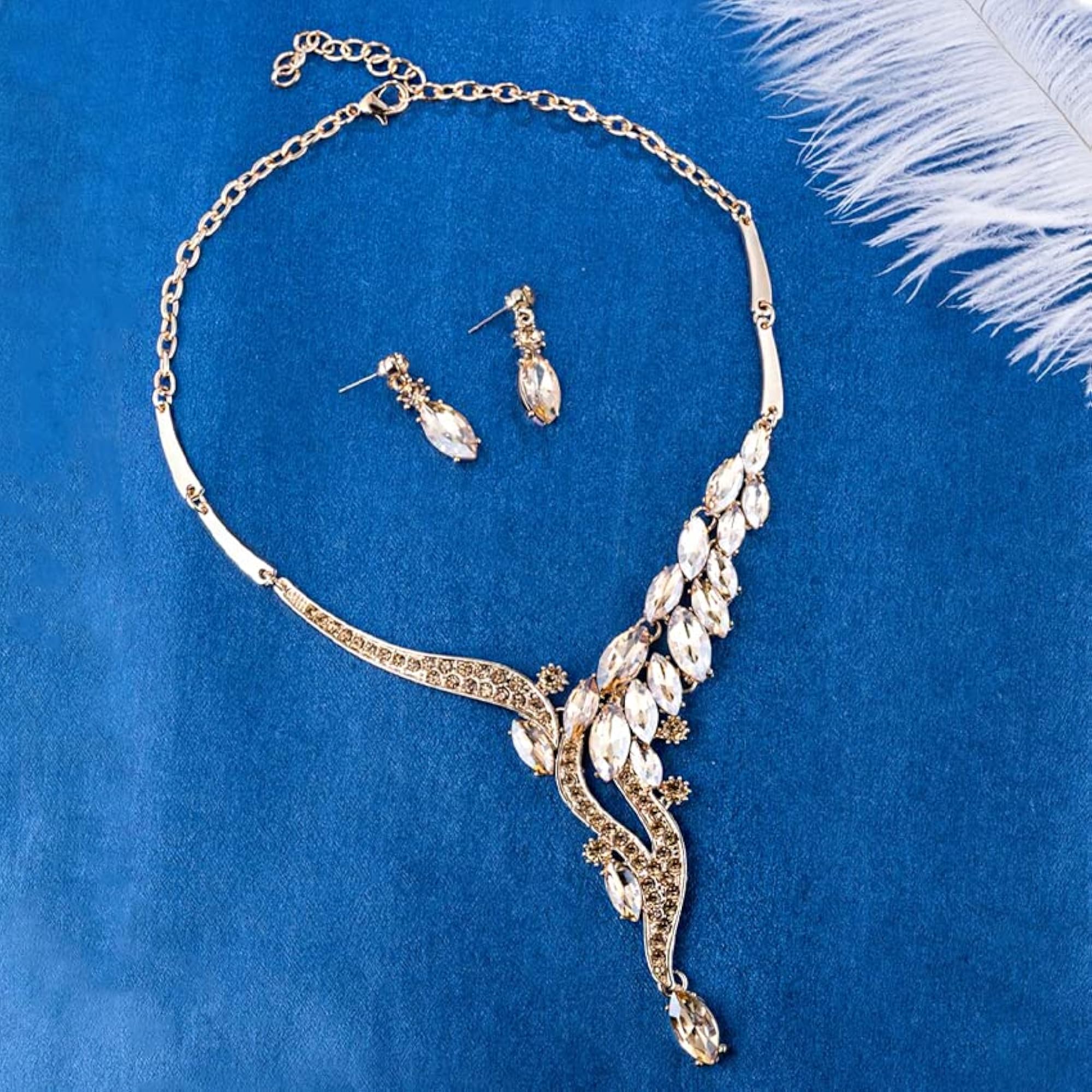Women's Toned Crystal Necklace Set with Earrings, Gift