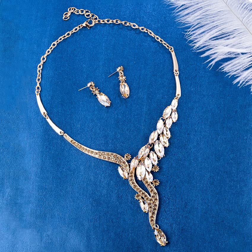 Women's Toned Crystal Necklace Set with Earrings, Gift