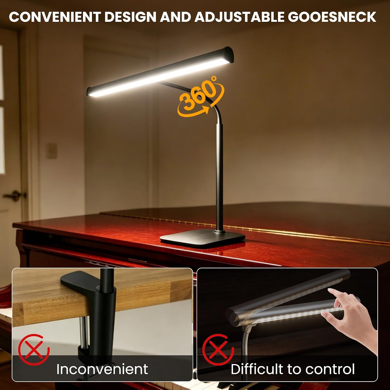 Piano Light with Square Base, Piano Lamp with 3 Color Modes and 10 Dimmable Brightness Levels, Adjustable Gooseneck Music Stand Light with USB, for Grand/Upright Pianos, Sheet Music