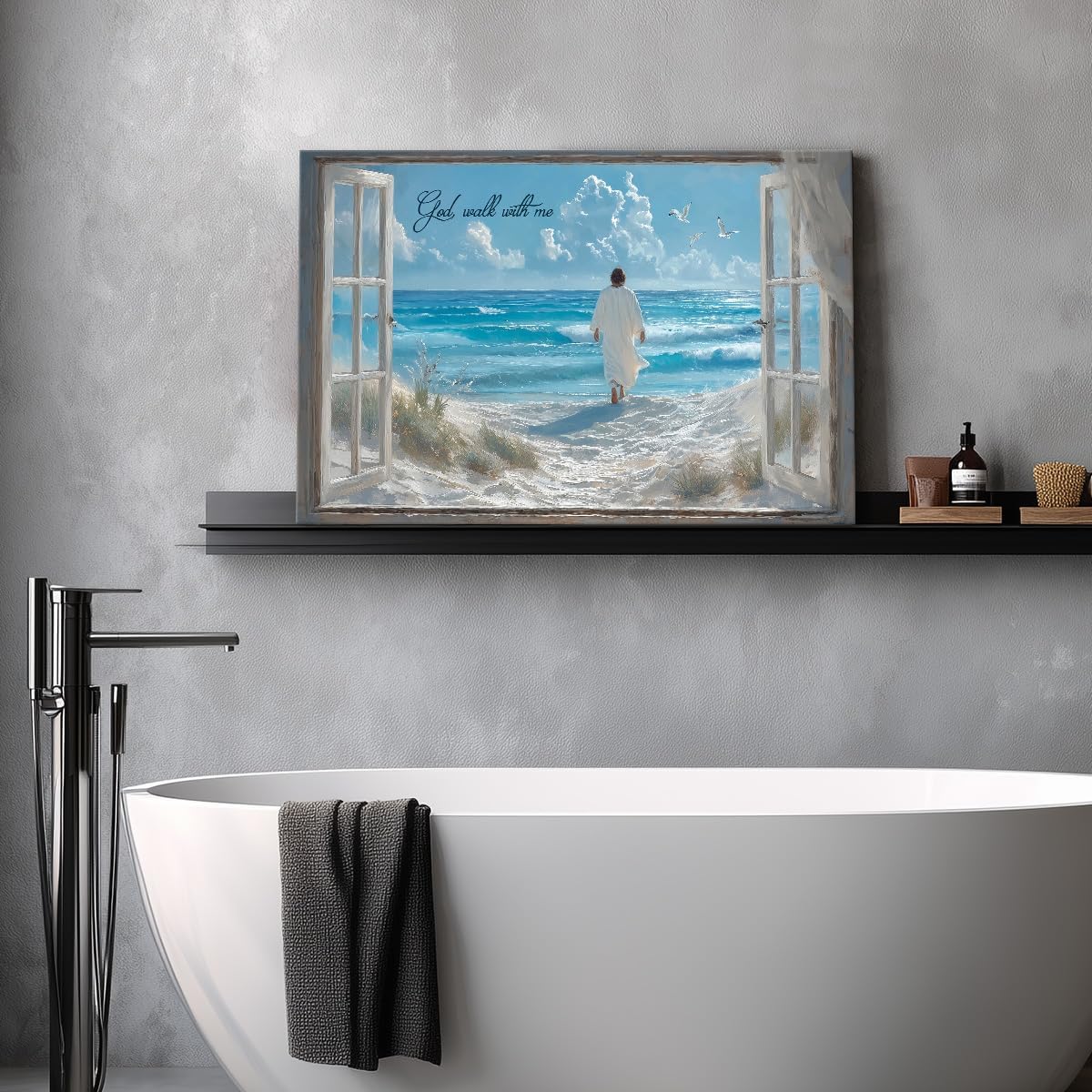 Jesus Walking on Water Canvas Wall Art Christian Coastal Window View Religious Savior Picture Posters Modern Spiritual Biblical Artwork Painting Prints for Living Room Prayer Room Church Decor 24"x36"