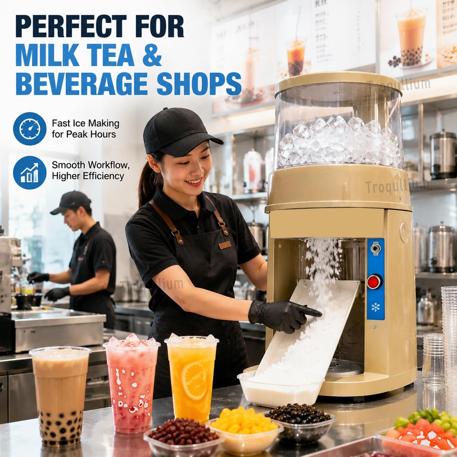 Trituradora de Hielo eléctrica Comercial de 600W,máquina de Cono de Nieve de Salida de 10kg/min,con Perilla de Ajuste de Textura de precisión,for Tienda de postres y exhibición de mariscos