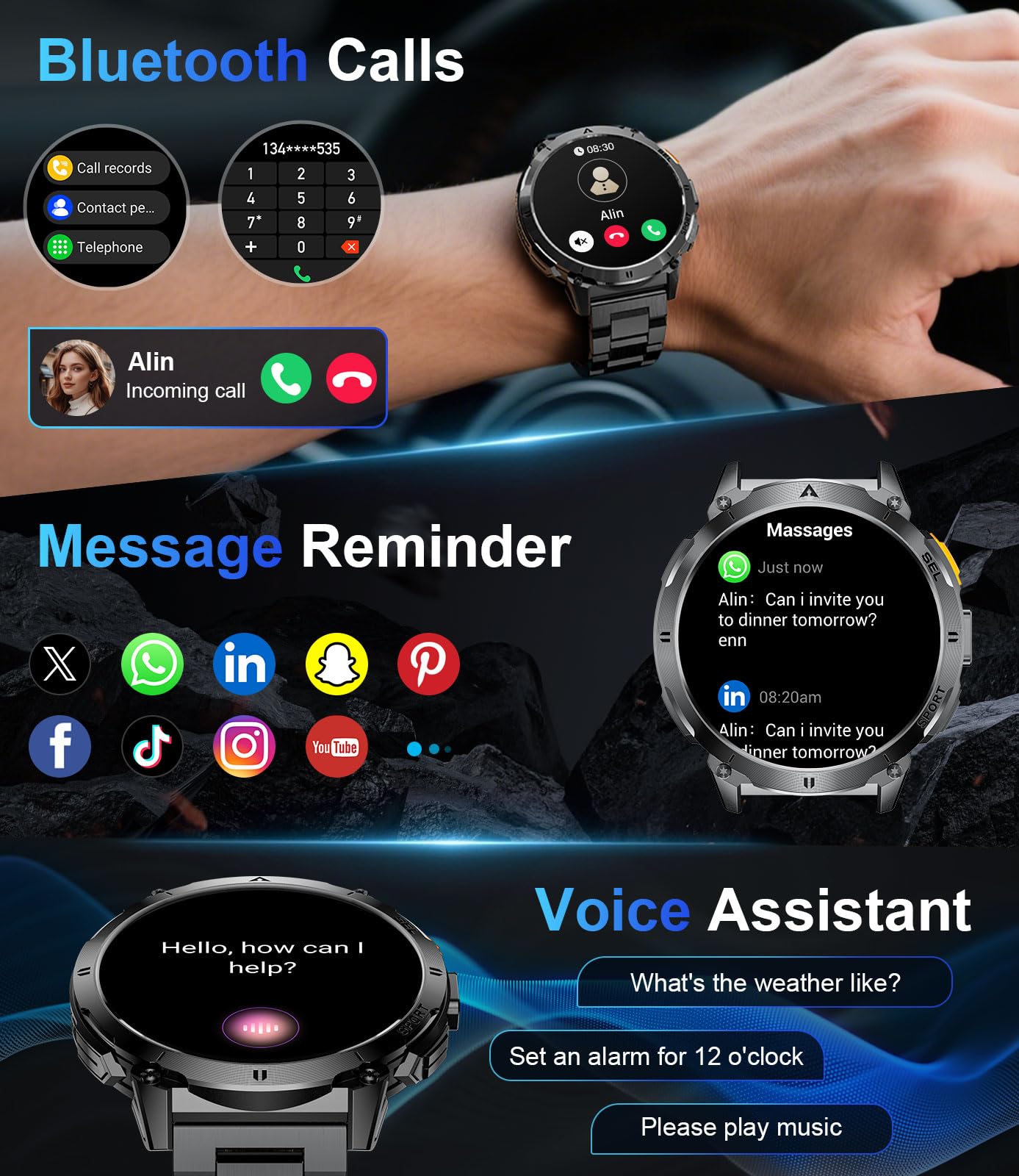 SUNKTA Montre Connectée Homme Militaire 730 mAh Grande Batterie 1,7″ HD Appels Bluetooth Smartwatch pour iOS Android Moniteur de Fréquence Cardiaque/Sommeil/Lampe LED,2 Bracelets,2 Chargeurs,Gris