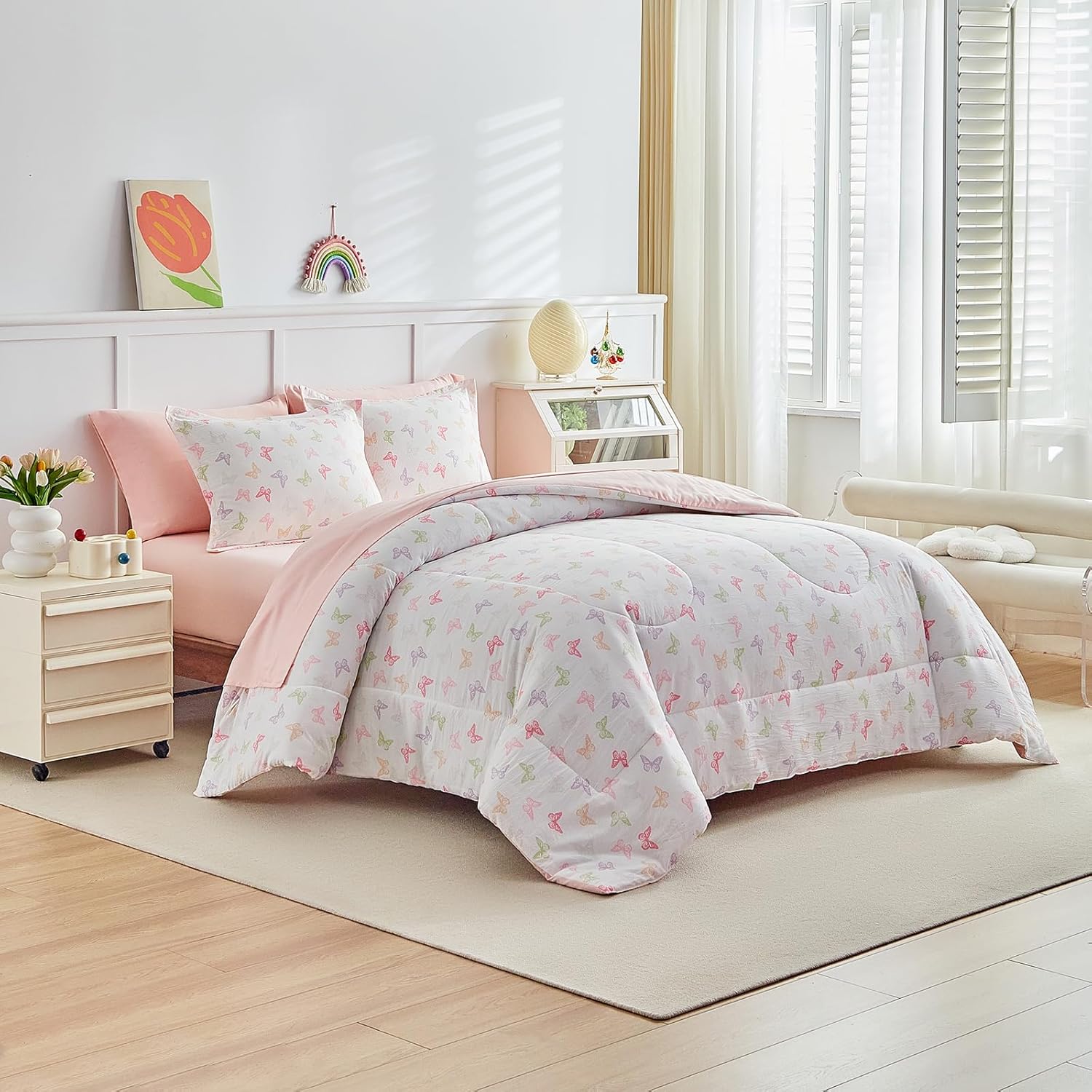 Joyreap 7pcs Bed in a Bag for Girls, Butterflies Pink Design, Queen Size Microfiber Comforter Sheet Set, Soft Cozy Bedding Comforter Set for All Season