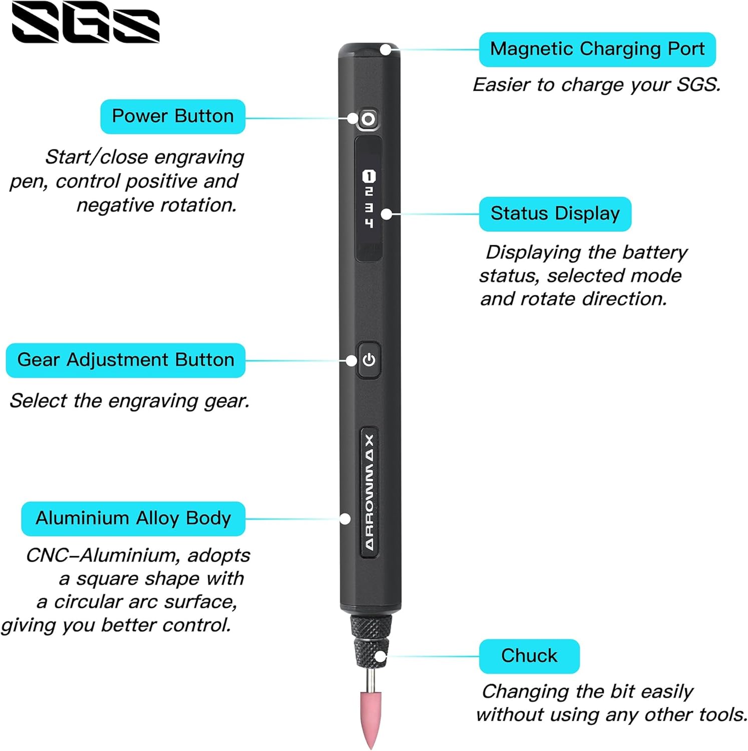 AM ARROWMAX Mini Engraving Pen, HollowCup Motor, 42 Bits with Aluminum Case, OLED, Magnetic Charge, Mini Cordless Rotary Tool, Engraving Pen for Bead, Metal, Wood, Glass and Plastic (SGS),Black