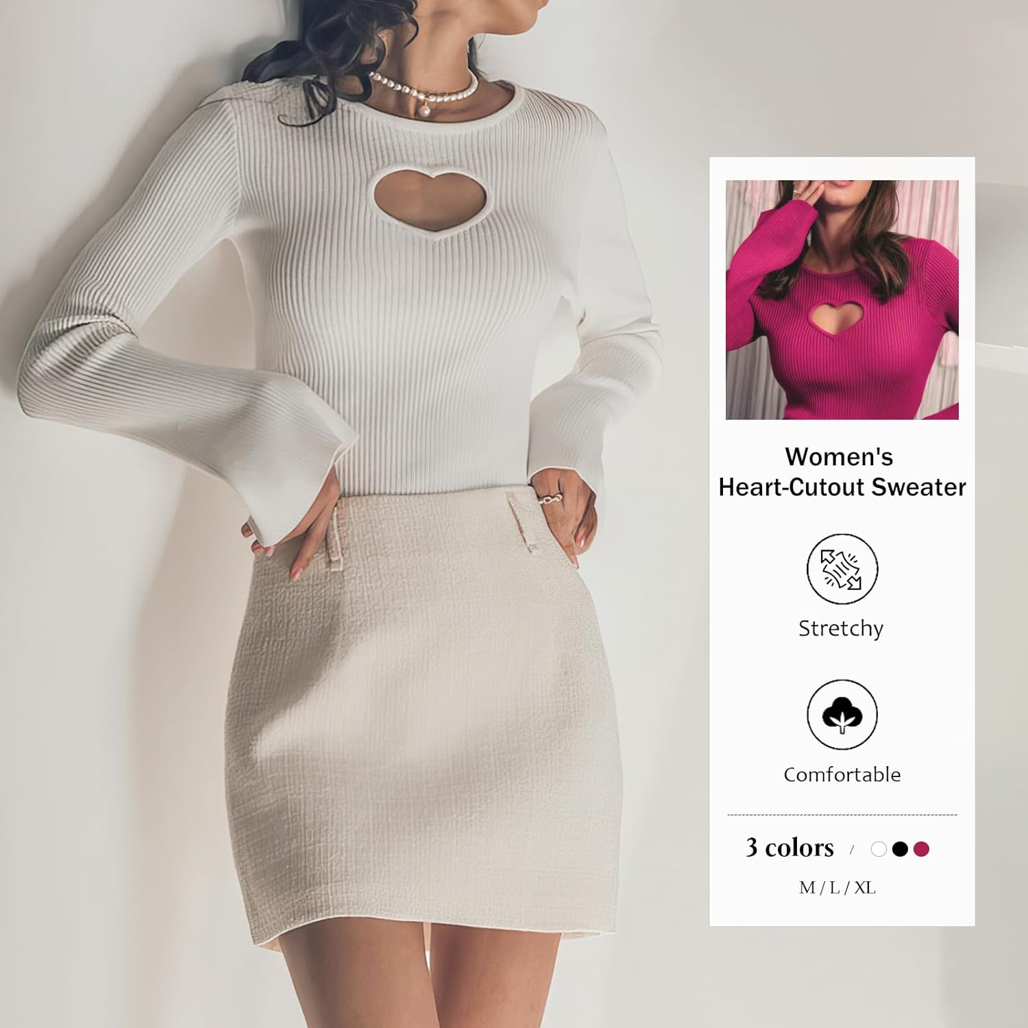 Women's Heart-Cutout Sweater - Body-Hugging Fit Stretchy Sexy Knit Top with Long Bell Sleeve,Round Neck Pullover - Image 3