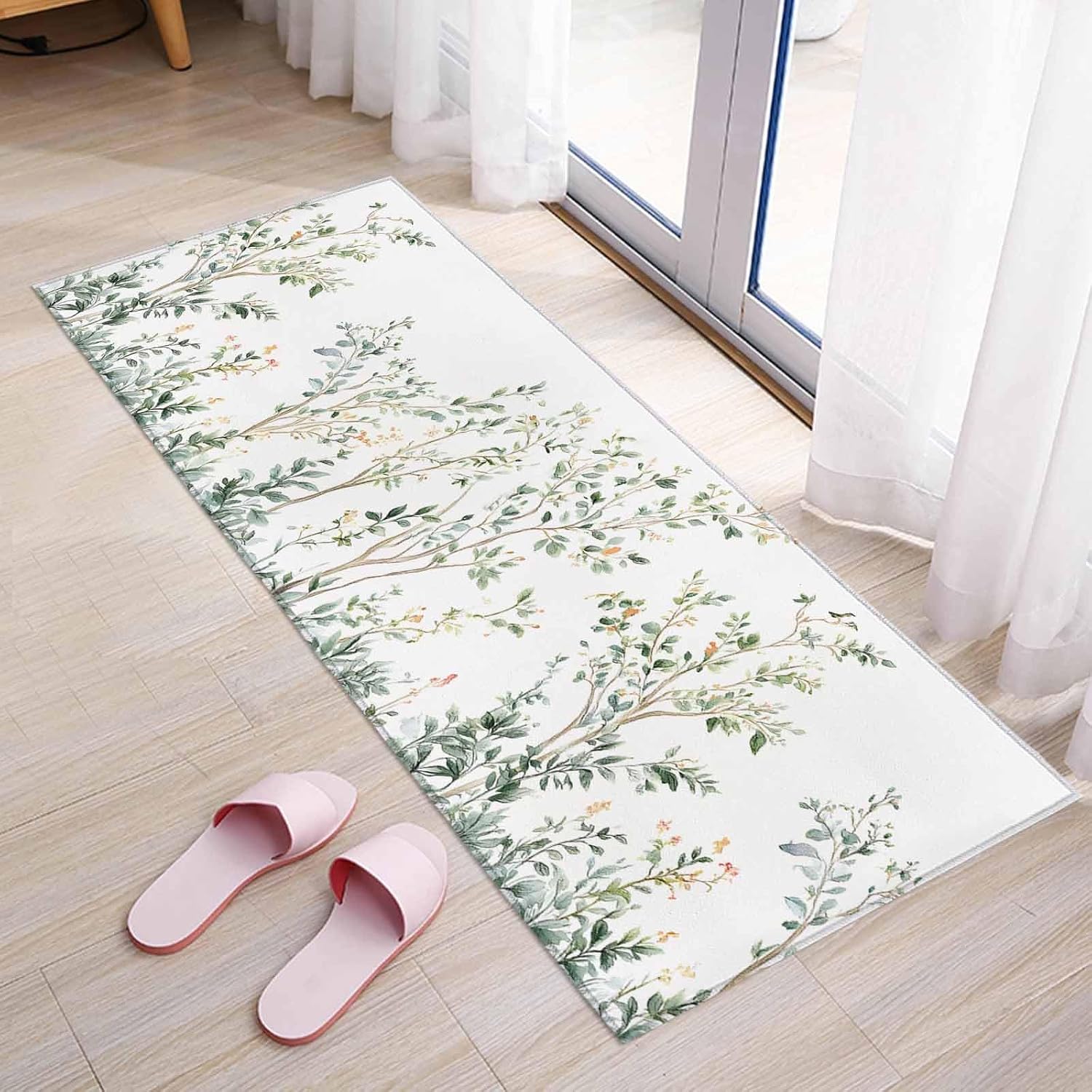 Teamery Kitchen Mats for Floor Retro Rural Flower Scenery Washable Non Slip Kitchen Rugs 1PCS, Rural Country Botanical Leaves Absorbent Standing Mats for Sink Bathroom Office Living Room 23.6x70.9in