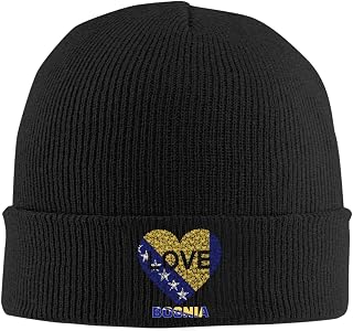 Beanie Knit Hat Bosnia Bosnian Flag Love Skull Cap Unisex Winter Warm Beanie Woolen Hats Lightweight Soft Elastic Force Cuffed Cap for Man Women Black