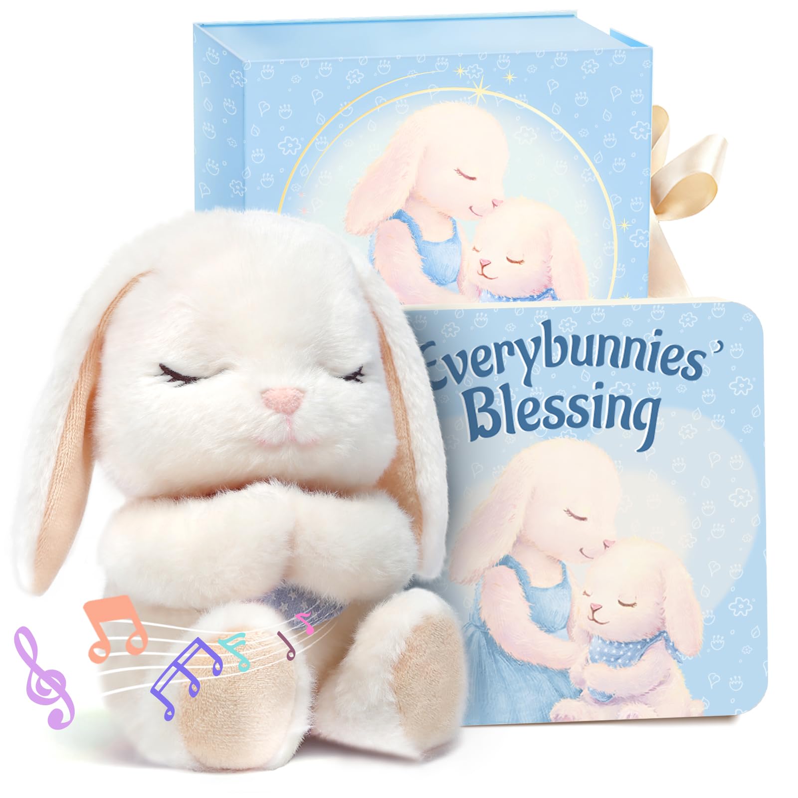 Baptism Gifts for Boys, Catholic Christening, Baby Dedication & Baptismal Gift Set for Baby Boys & Kids, with 9" Musical Praying Bunny Plush Toy & Everybunnies' Blessing Book in Keepsake Box
