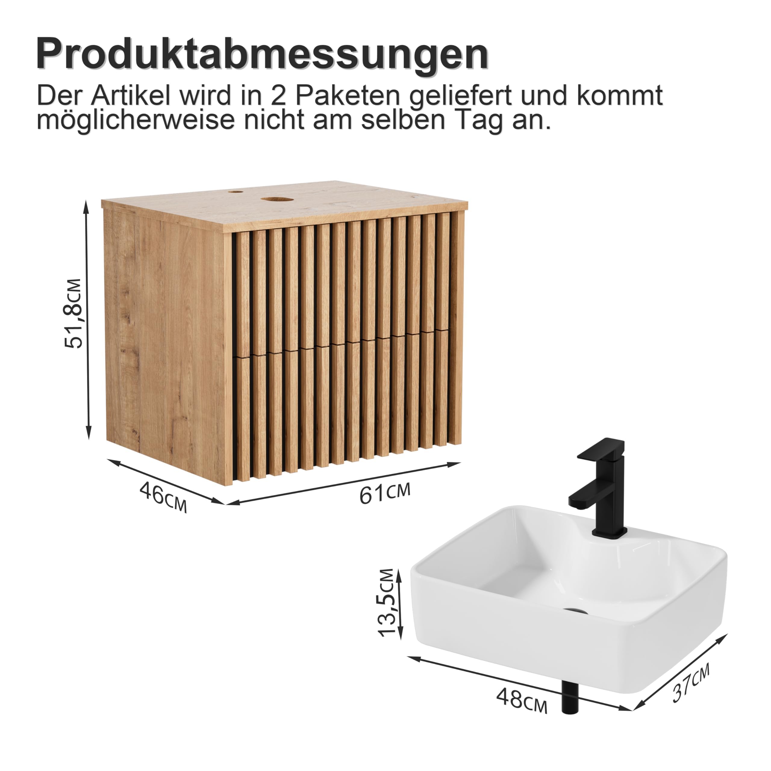 UEV Umywalka z szafką pod umywalkę, 61 cm, wisząca, szuflady z systemem miękkiego domykania, umywalka ścienna, meble łazienkowe, meble dla gości, zestaw mebli łazienkowych, kolor naturalny