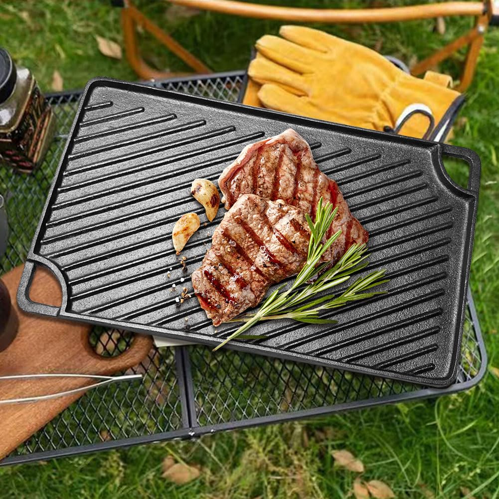 Żeliwna płyta grillowa, prostokątna patelnia grillowa, płaska patelnia do kuchenki gazowej, piekarnika lub otwartego ognia do grillowania na kempingu