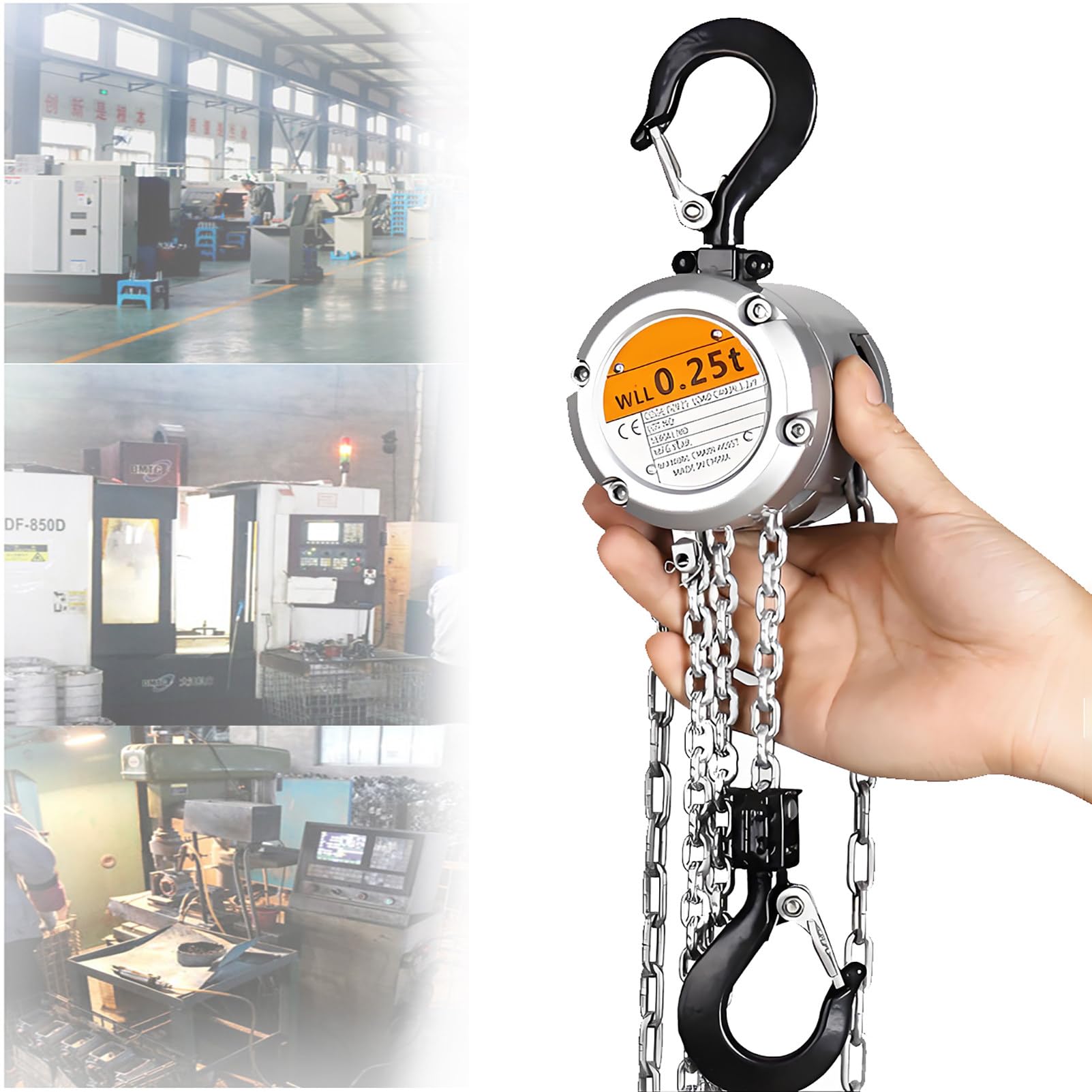 Handkettenzug aus robuster Aluminiumlegierung, 250 kg Kapazität, manuelle Kette mit Sicherheitshaken, tragbare Hebevorrichtung für Bau, Lagerung und schweres Heben