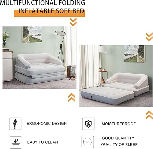 Miniatura 4 de RAPTAVIS Sofá cama inflable para camping, flotador de piscina, colchón flocado al aire libre con reposabrazos, tamaño matrimonial
