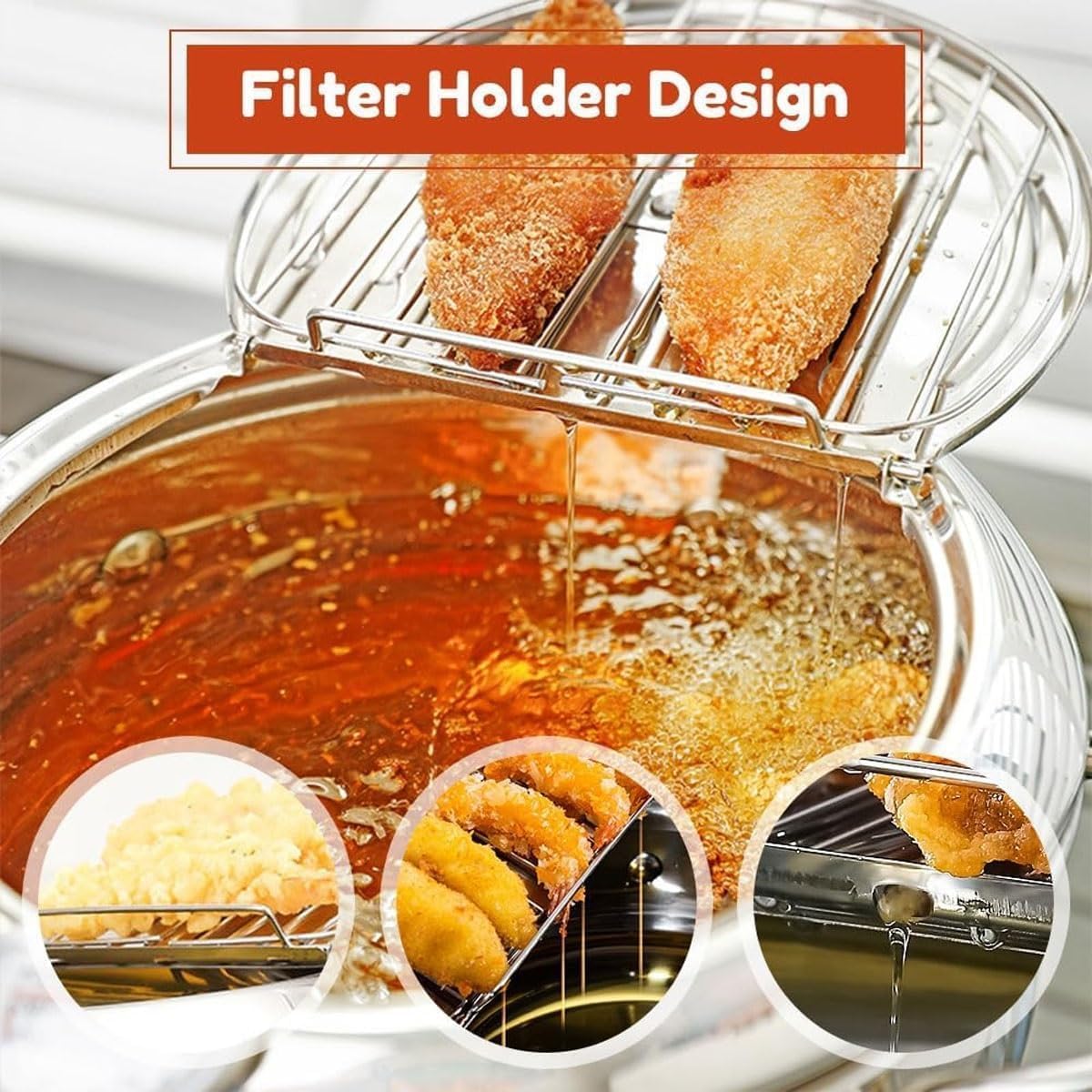 2025 New Japanese Deep Fryer Pot, 304 Stainless Steel Frying Pot with Thermometer and Oil Drip Drainer Rack, for Kitchen Stove/Induction Cooker French Fries Fryer Chicken 4.2L (Gold,3.4L)