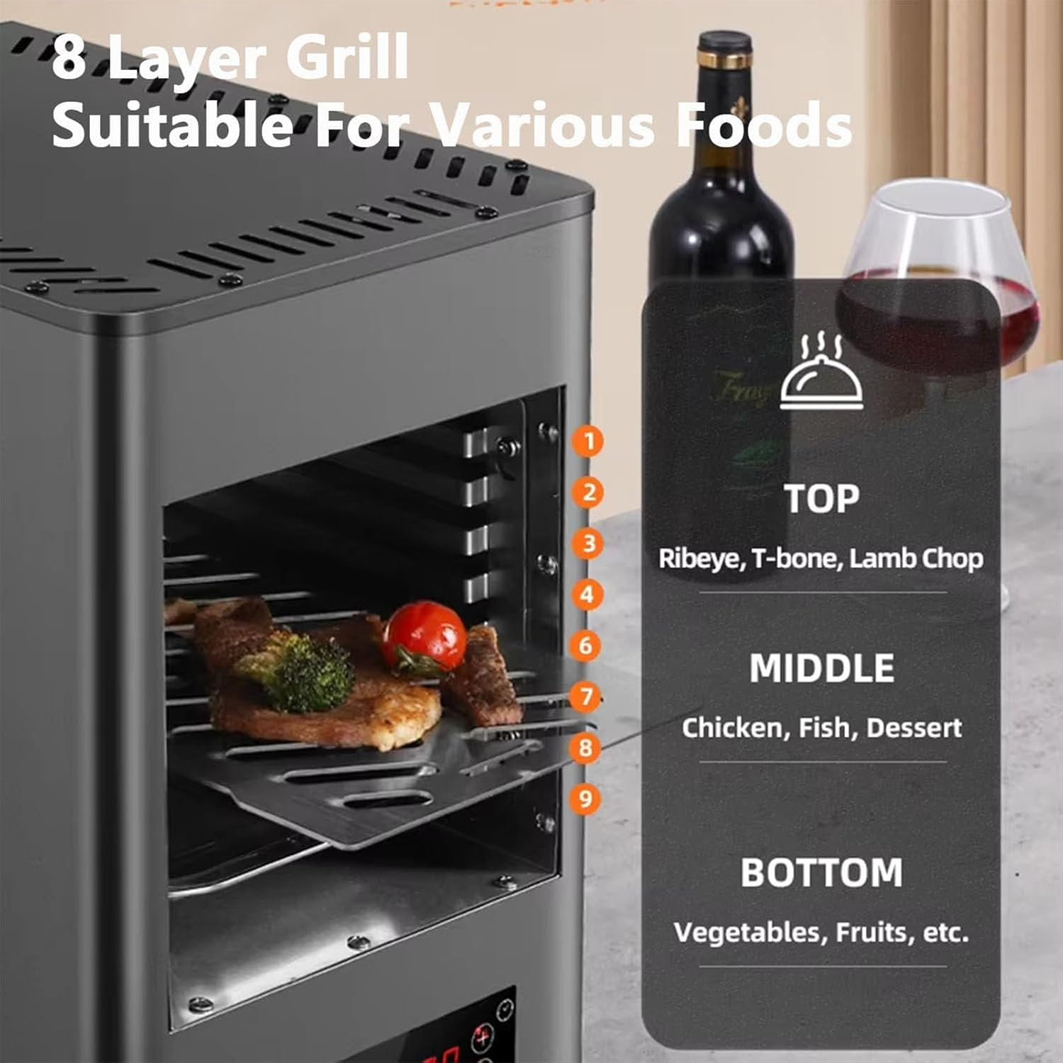 Commercial Steak Broiler, 1700w Fully Automatic Barbecue Stove, Max Temperature 800°C, 30 Minutes Timer, Touch Button, Quickly Make Steak in 1 Minute, 8-Layer Grill Design, for Restaurants