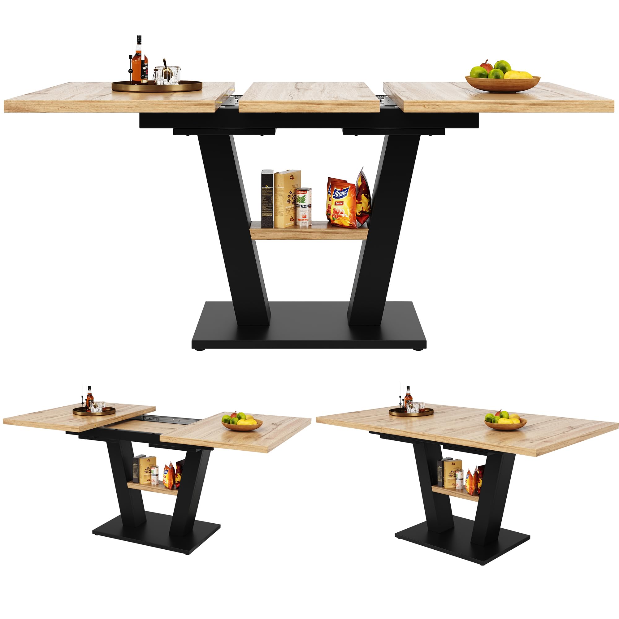 Tavolo da pranzo telescopico, 118-157 x 70 x 75 cm, tavolo da cucina allungabile, con l'aiuto di pannelli interni, per cucina e soggiorno, tavolo da pranzo color legno