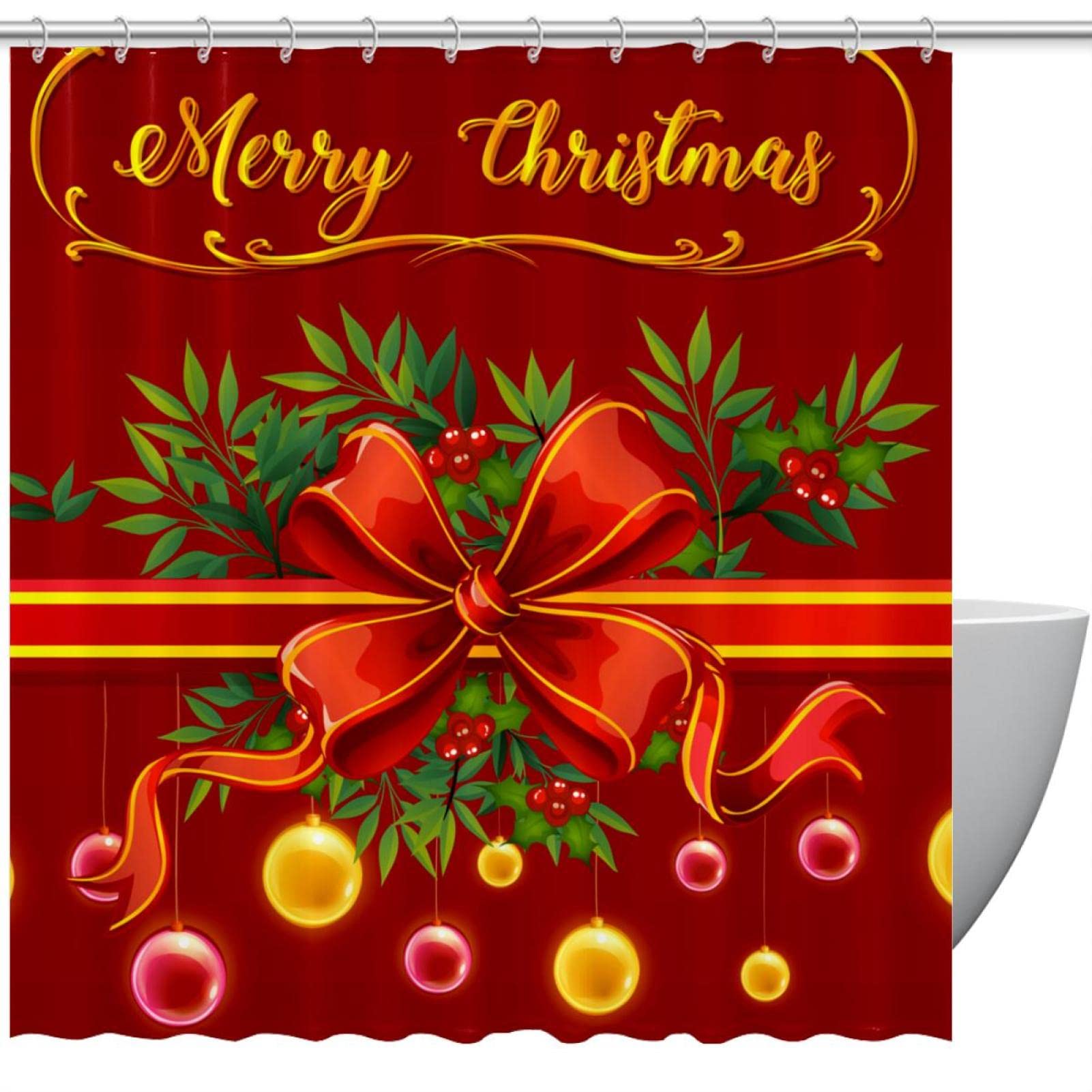 Rideaux de douche Noël rouge anti-odeur de 182,9 cm avec 12 anneaux de suspension inclus