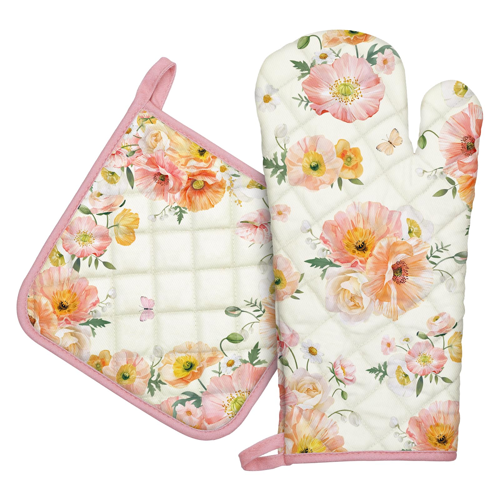 Arquiel Pink Flower Oven Mitts and Pot Holders -100% Cotton, Heat Resistant Extra Long Oven Gloves & Hot Pads for Cooking BBQ Grilling Baking Gift, Set of 2