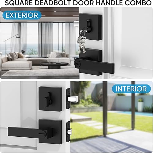 Miniatura 6 de TICONN Juego de manijas de puerta con cerrojo de seguridad, manija de puerta cuadrada reversible resistente con cerrojo muerto para entrada, salida