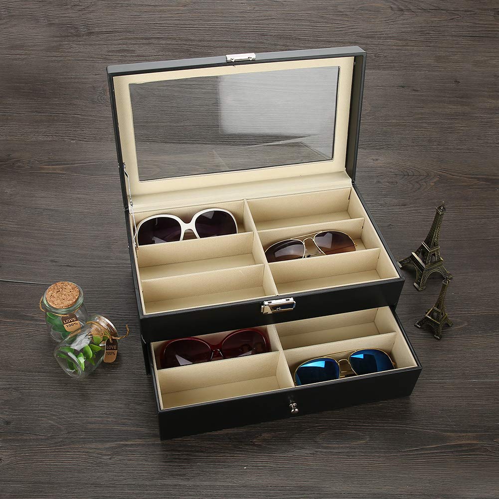 Caja organizadora para guardar gafas de sol - Estuche de 12 compartimentos para gafas con cerradura y llave - Caja de gafas de cuero sintético, porta gafas - Caja de presentación con tapa transparente