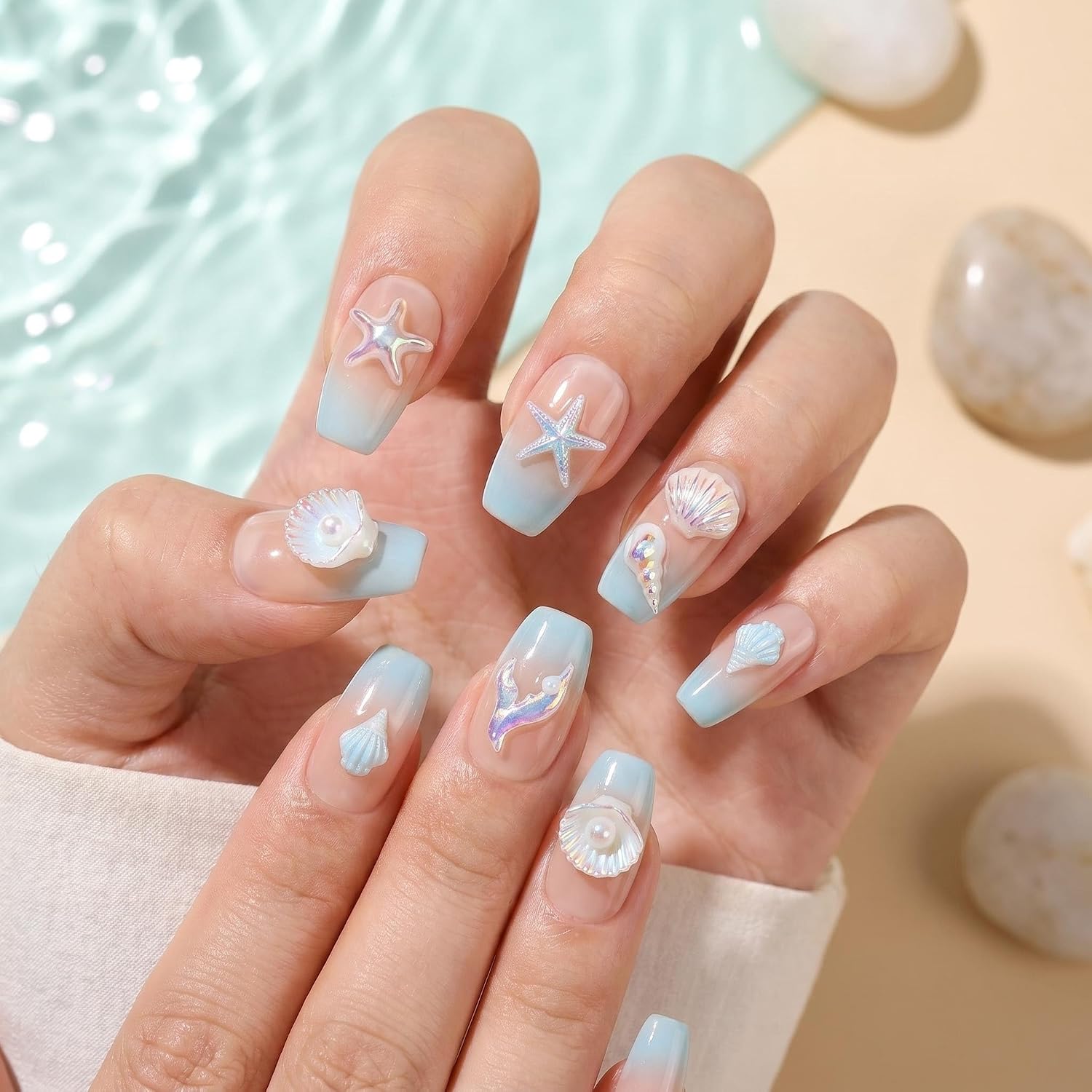 300Pcs Summer Beach Nail Charms Blue Aurora Seashell Starfish Conch Mermaid Nail Rhinestones Multi Shape Ocean Nail Jewels and Gems Flat Back Aurora Mermaid Nail Supplies for Beach Summer DIY Manicure