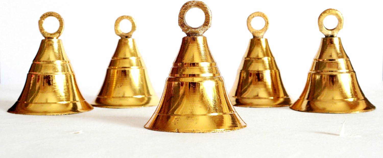 Solid Brass Pooja Bells with J Hook Home Decor Christmas Bell Wall Hanging Jingle Bell Ornaments New (6, Golden Bells 2 INCH), 545646S