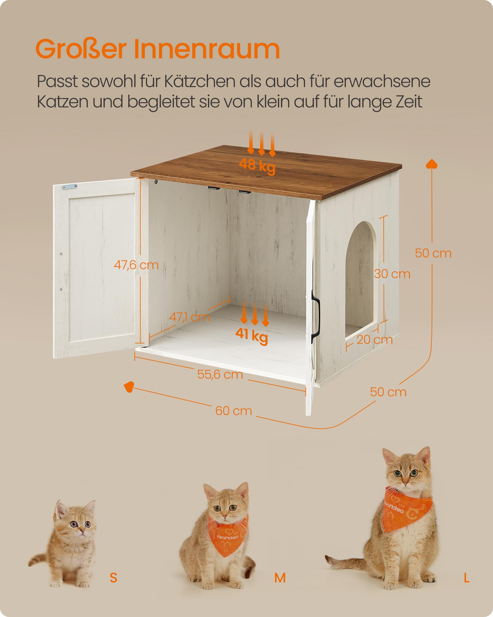 Feandrea Katzenhaus, Katzenklo-Schrank, versteckte Katzentoilette, Beistelltisch, für Haustiere im Innenbereich, 60 x 50 x 50 cm, wolkenweiß-honigbraun PCL042W201