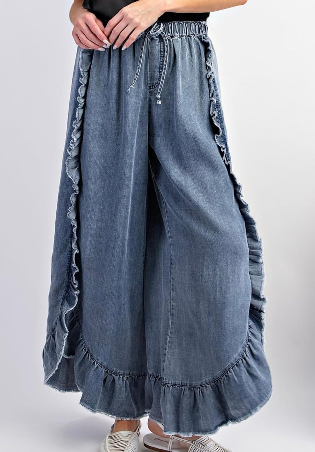 CHARTOU Women Denim Palazzo Pants Jeans Flare Elastic Waist Wide Leg Pants Raw Frayed Hem Jeans Flowy Ruffle Pants - Image 2