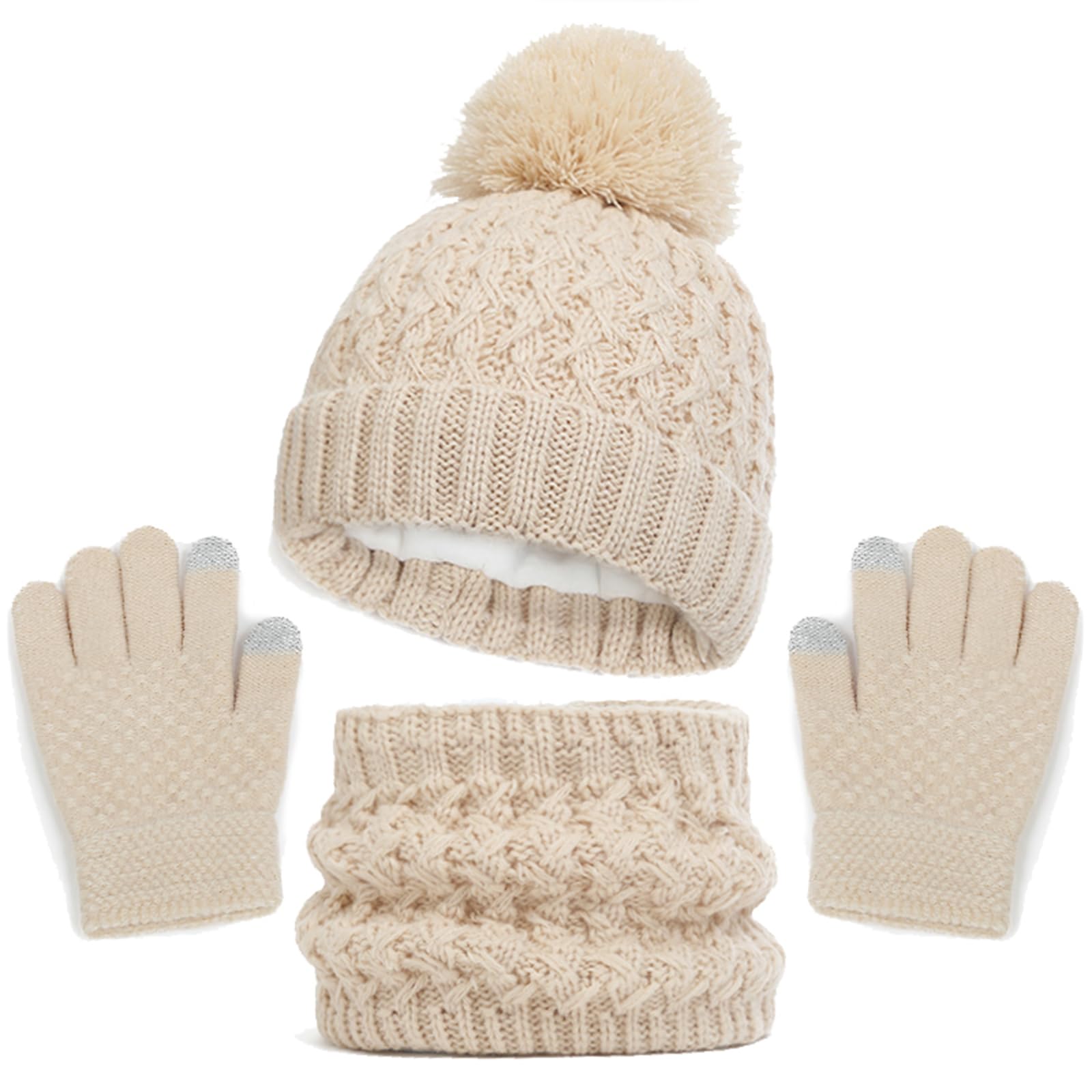 Enwokran Conjunto Invierno Niño: Gorro, Bufanda Y Guantes De Punto (Forro Polar, Pompón Desmontable, Talla 2-6 Años)